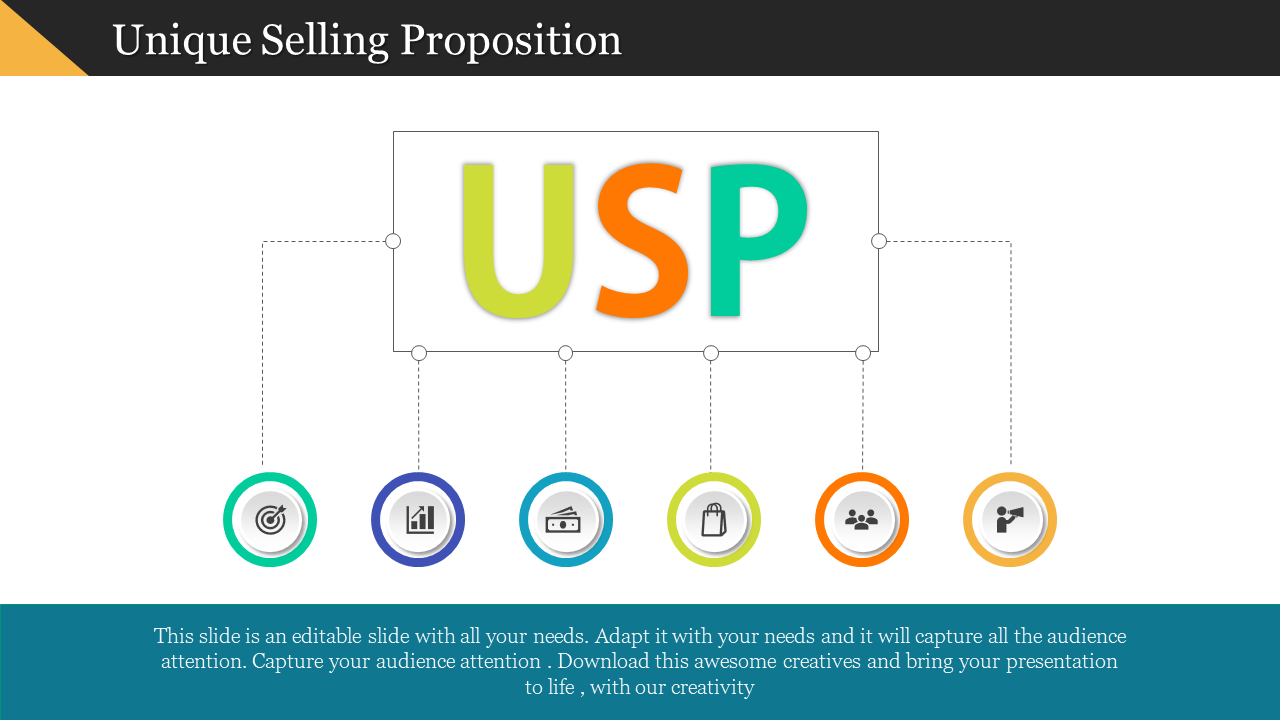 Central USP box connected to six colored icons below, showing elements like target, analytics, wallet, and users.