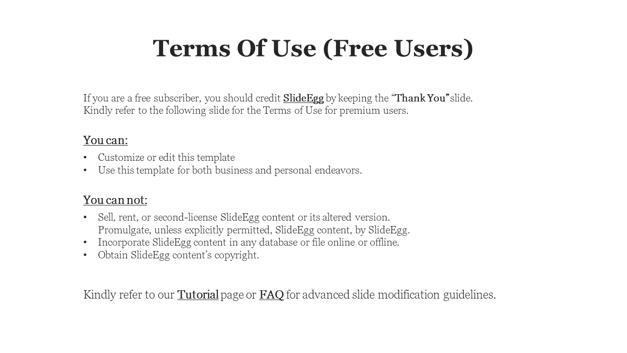 Terms of use slide with bold title and two sections listing permitted and restricted actions for free users of SlideEgg.