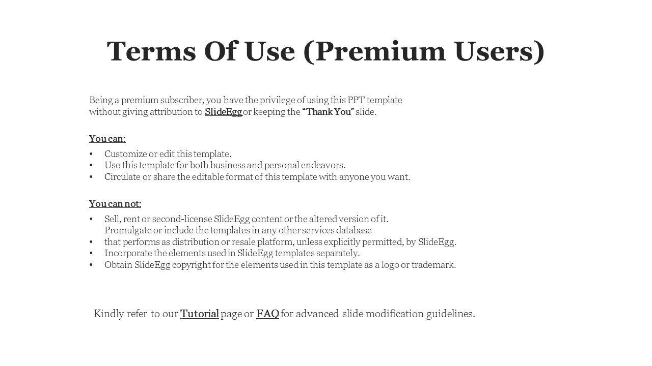 Terms of use slide for premium members showing editable and shareable use along with prohibited actions in bullets.