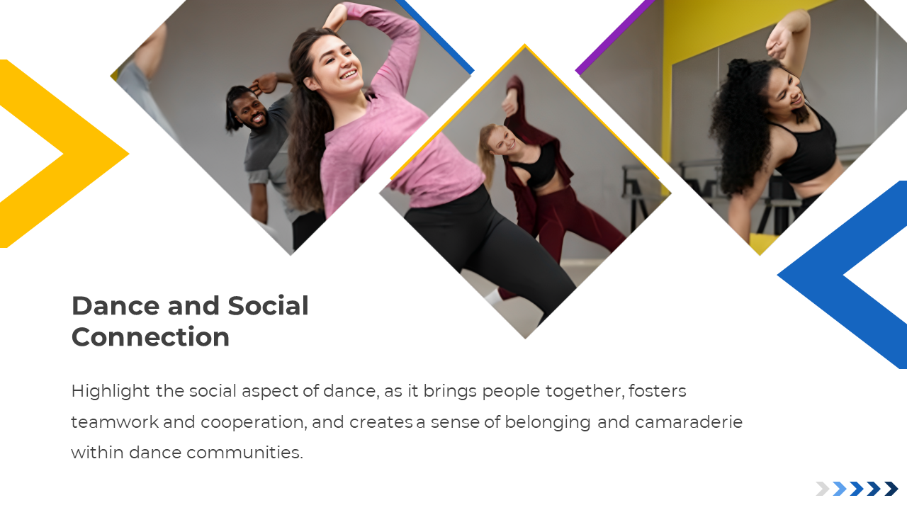 Group dance slide with cheerful participants, bold title, and text on dance’s role in building social bonds and unity.