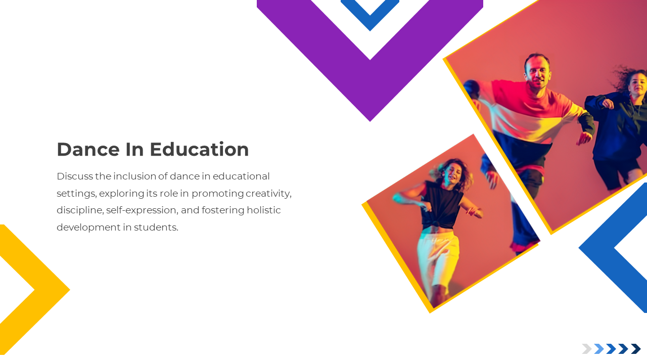 Dance education slide with two tilted images of students dancing and text on creativity, discipline, and self expression.