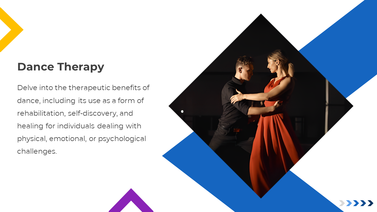 Image of partners dancing in warm lighting, paired with content on dance therapy for emotional and physical wellness.