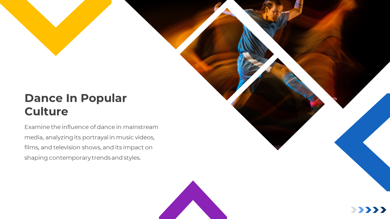 Dance in pop culture slide with dynamic dancer split into three diamond frames and text on dance in media and trends.