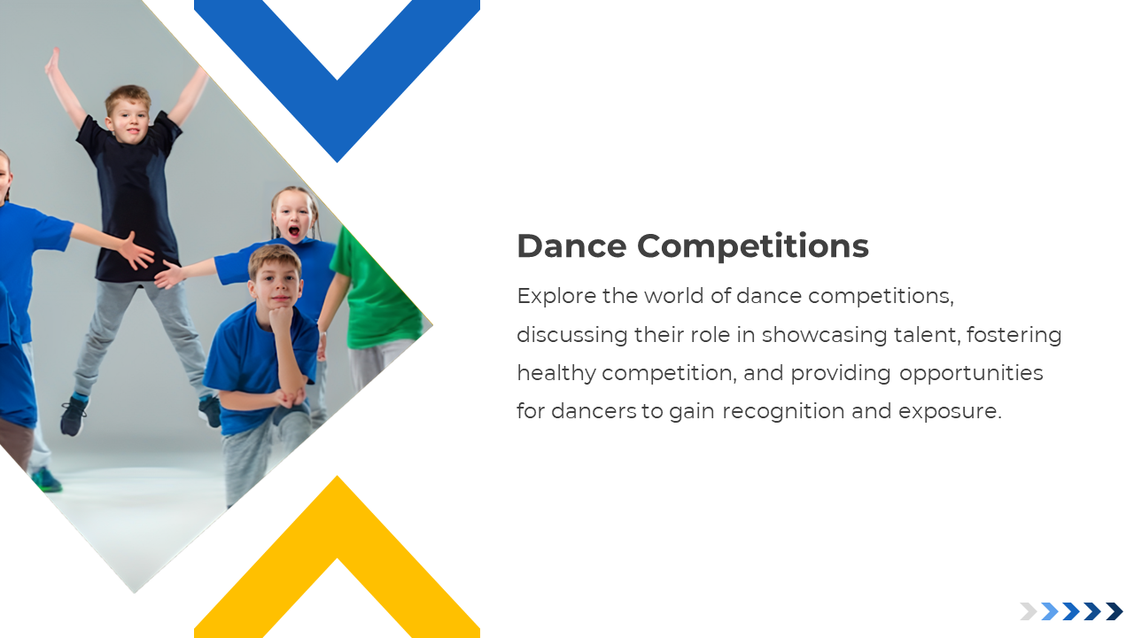 Dance competition slide with excited children in colored shirts and text on showcasing talent and gaining exposure.
