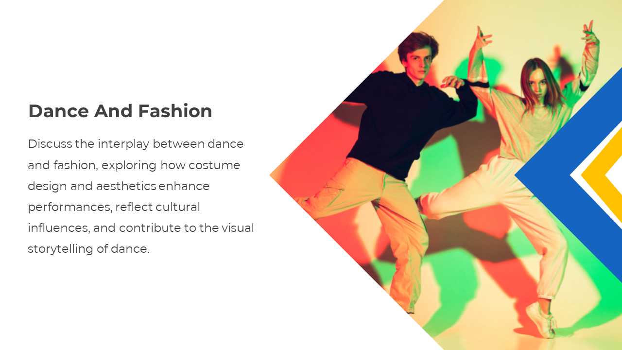 Dance and fashion slide with two stylish dancers in bold poses, alongside text on costume design’s role in performances.
