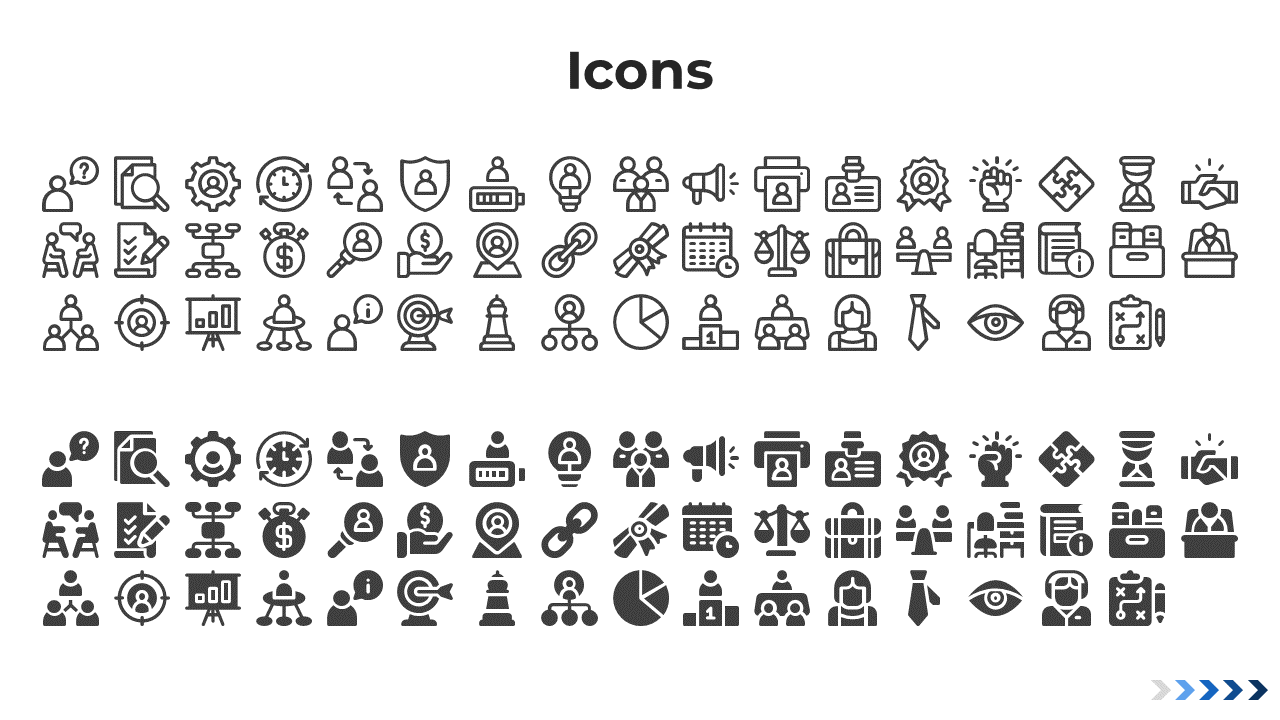 Icon set slide featuring two rows of outlined and solid business icons including people, charts, targets, and briefcases.