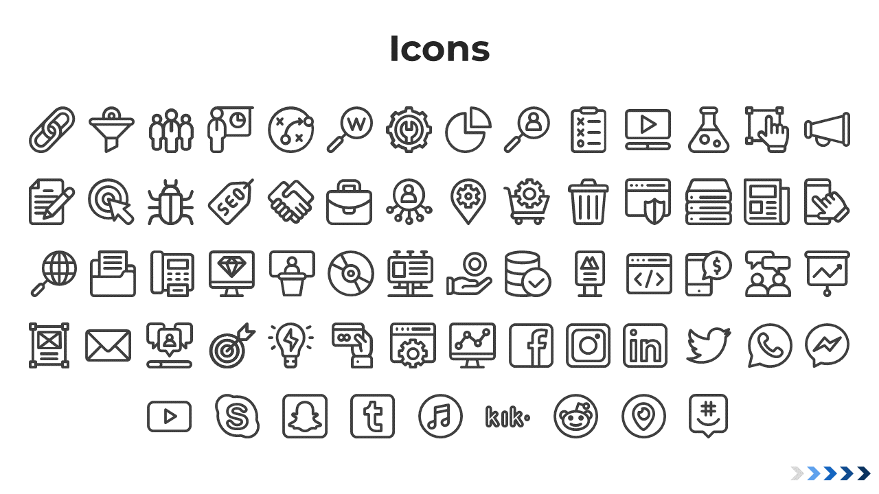 Flat outlined icon layout displaying business utilities, web symbols, and branded social media app logos.