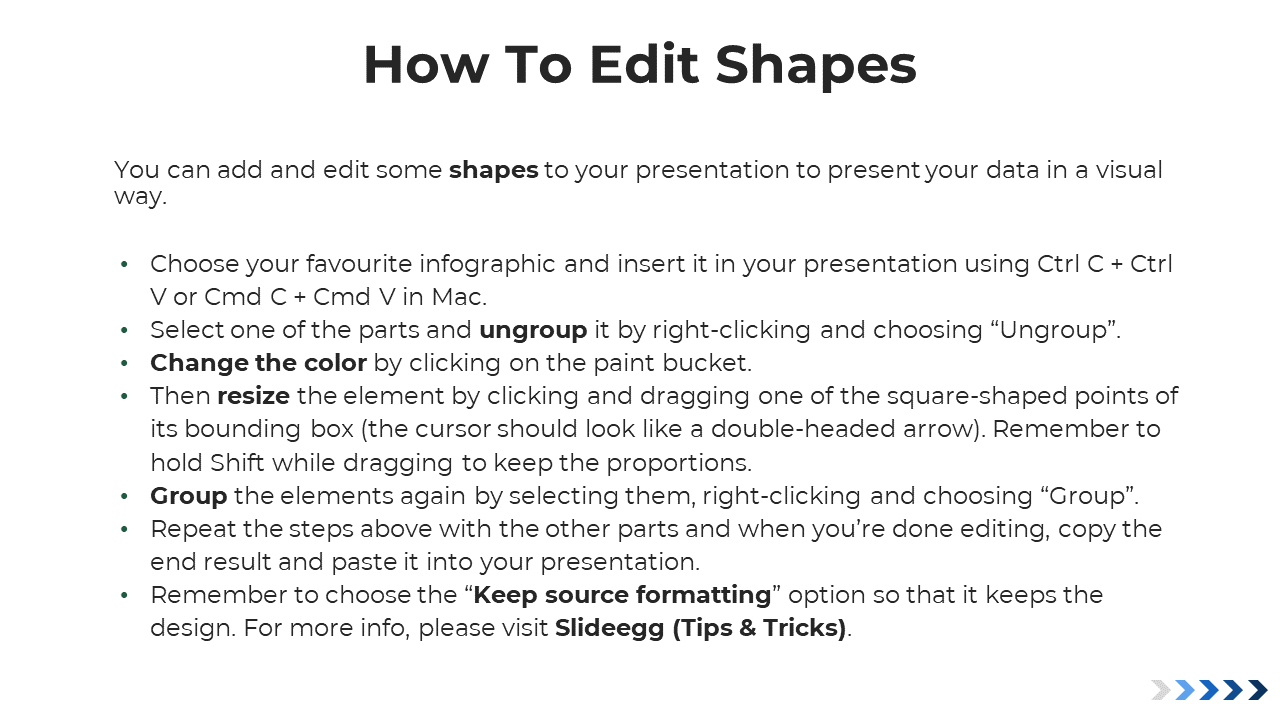 Text slide with shape editing instructions including copy-paste, color changes, and grouping steps in a clear format.