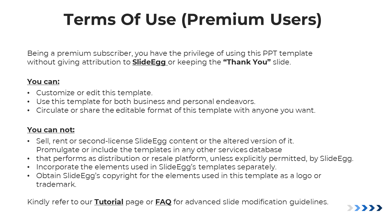 Terms slide for premium users outlining permissions and restrictions, ending with tutorial and FAQ reference.