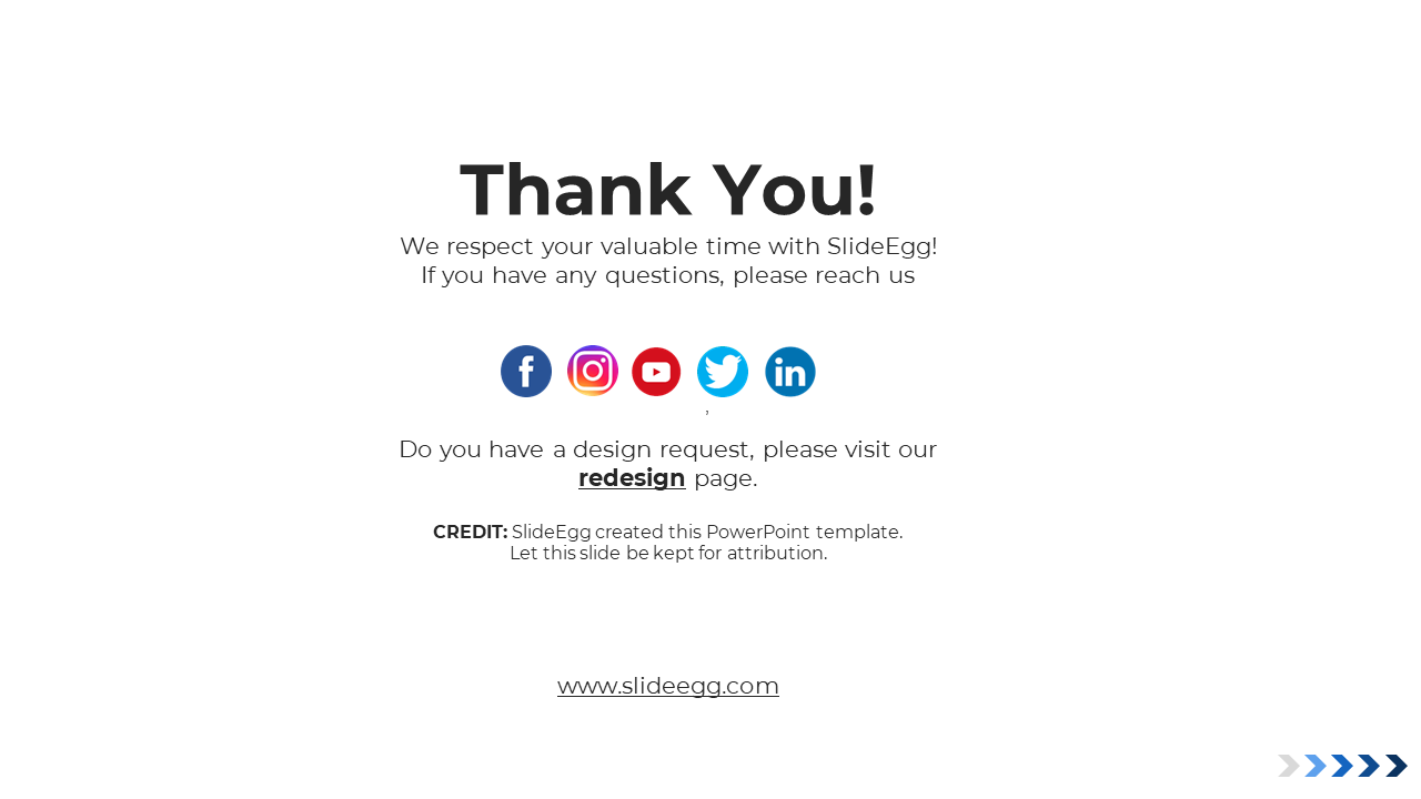 Centered thank you message with icons for Facebook, Instagram, YouTube, Twitter, LinkedIn, and site link below.