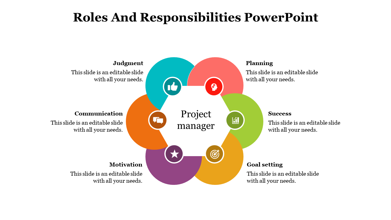 Project manager role slide with hexagonal center and surrounding colored icons for responsibilities.