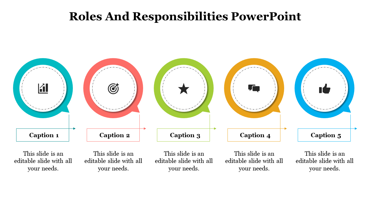 Roles and responsibilities slide with five colored bubbles, each containing an icon and caption areas.