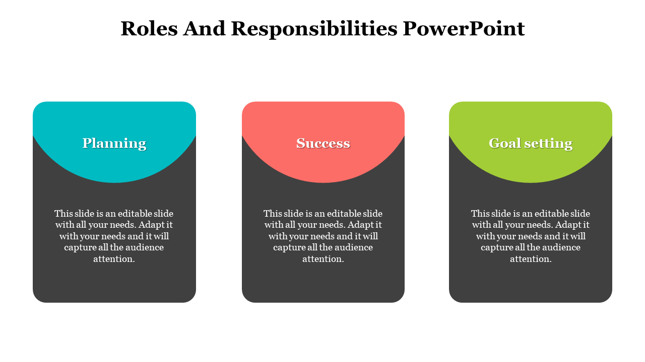Roles and responsibilities slide featuring editable dark panels with colorful curved headers for key tasks.