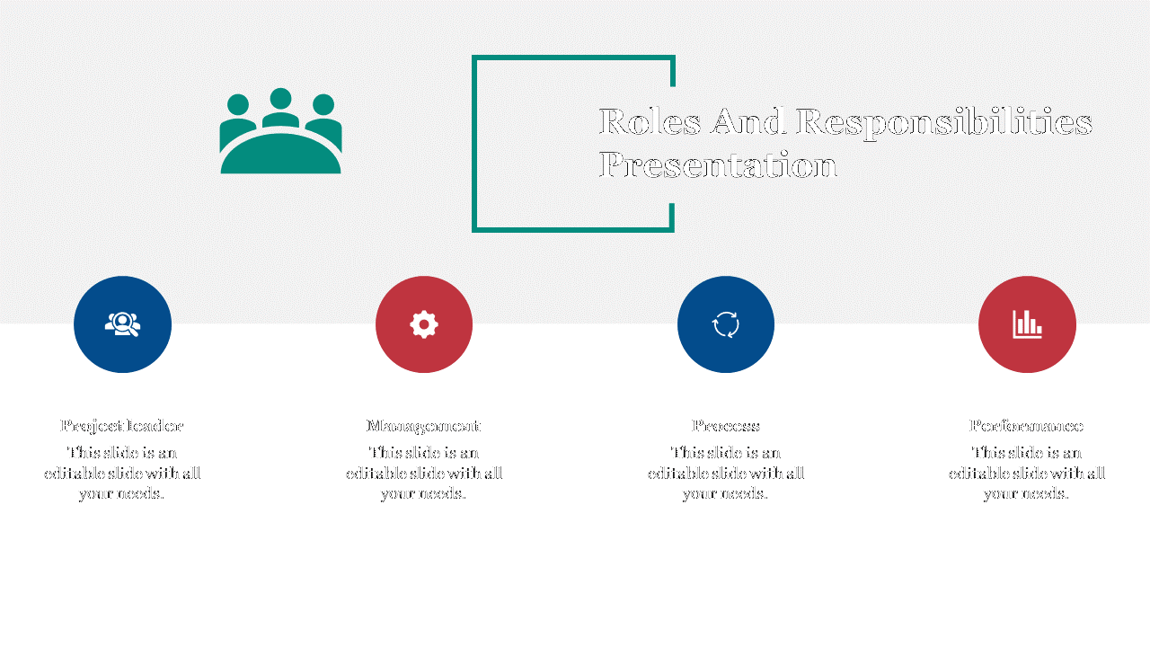 Roles and responsibilities slide with four circular icons labeled project leader, management, process, and performance.