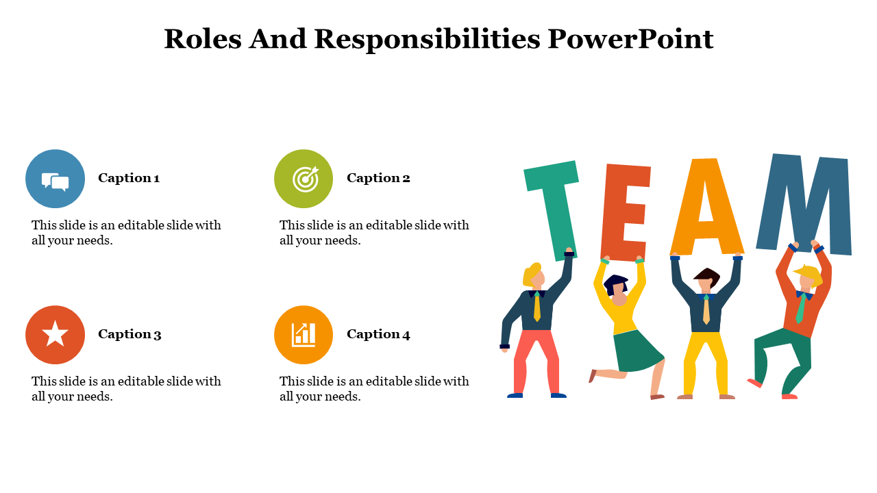 Slide layout with communication, target, star, and performance icons beside cartoon people spelling the word TEAM.
