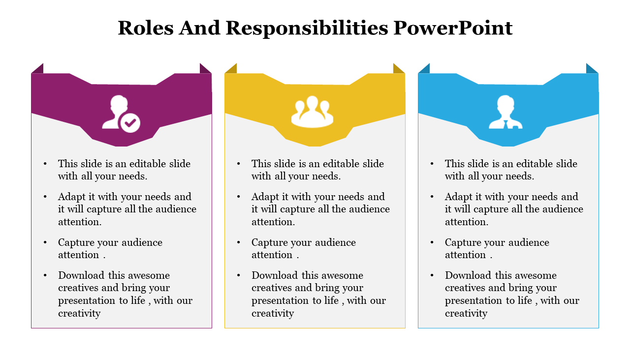 Roles and responsibilities layout with vertical blocks in different colors and team-related icons at the top.
