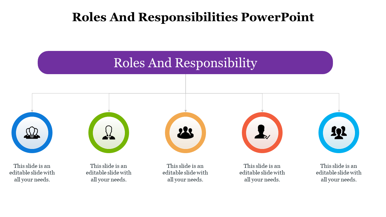 Roles and responsibilities slide infographic with a central purple header and five icons branching below.