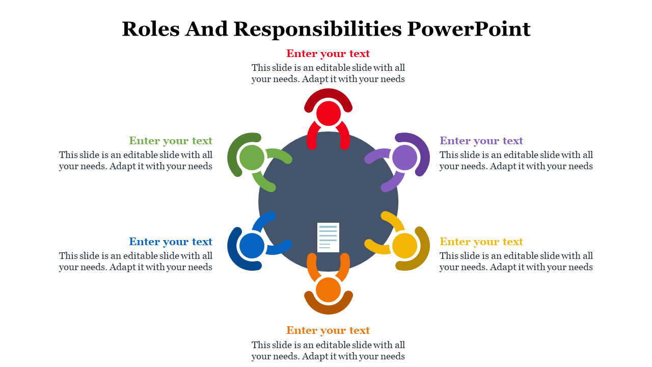 Roles and responsibilities diagram with six team members in different colors seated around a dark round table.