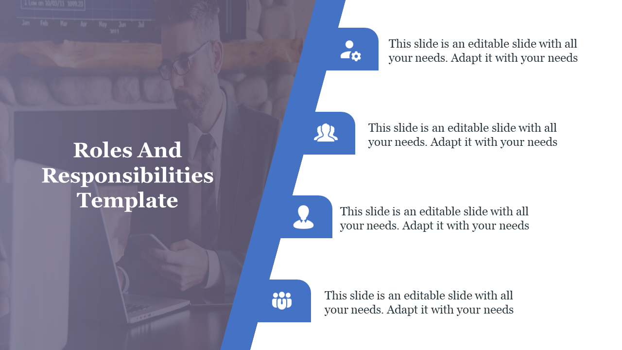 Slide with a professional man working on a tablet, beside four blue segments with white role icons and text.