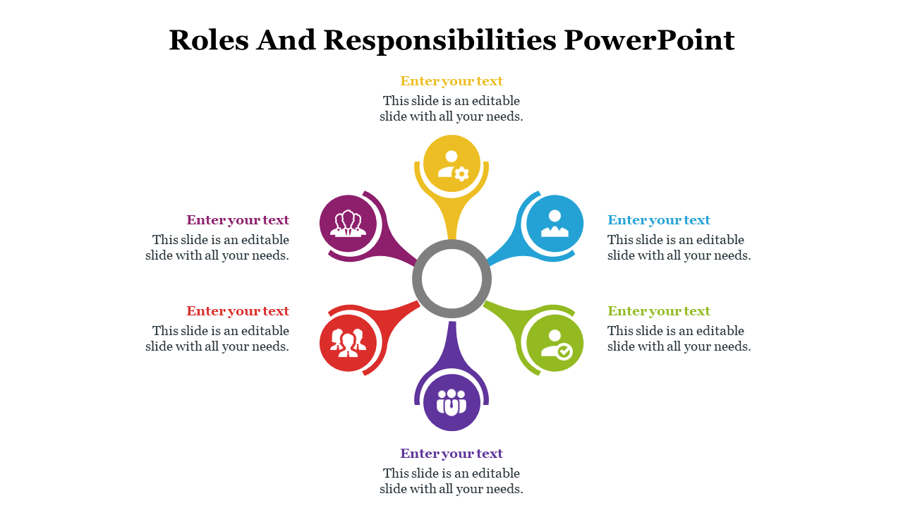 Roles and responsibilities wheel diagram with team icons in yellow, red, blue, green, purple, and maroon segments.