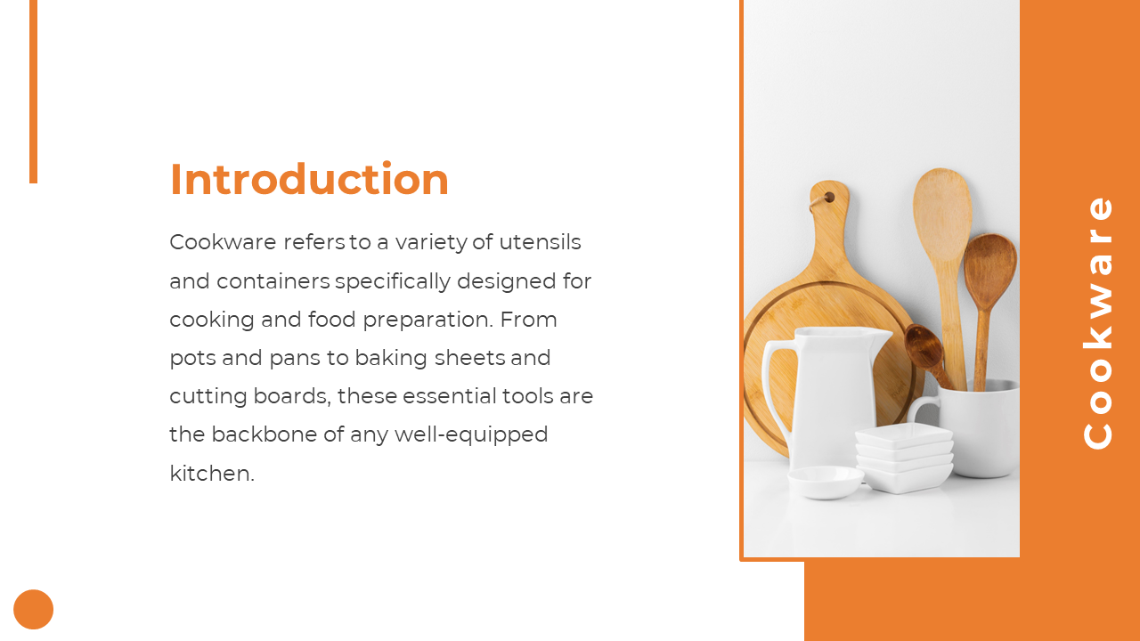 Introduction slide with cookware tools including pitchers, plates, and wooden spoons beside a bold orange vertical title.