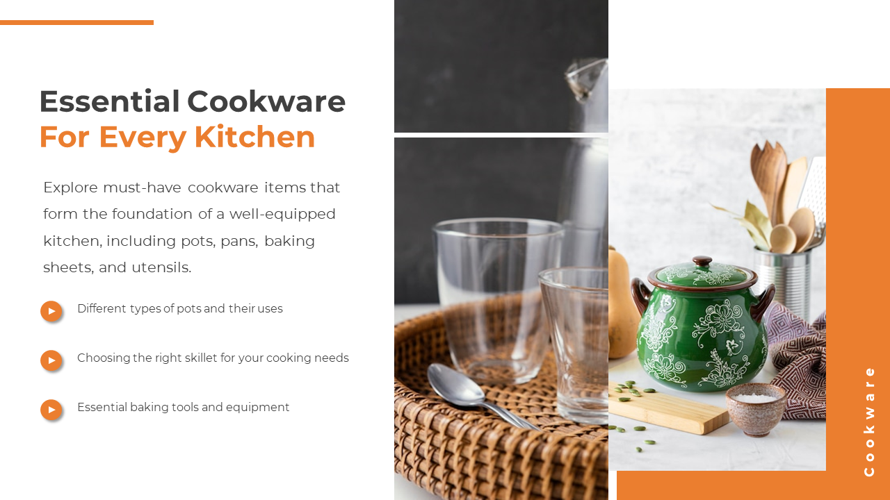 Kitchen essentials slide showing green floral pot, glasses, and utensils, with text highlighting key cookware categories.