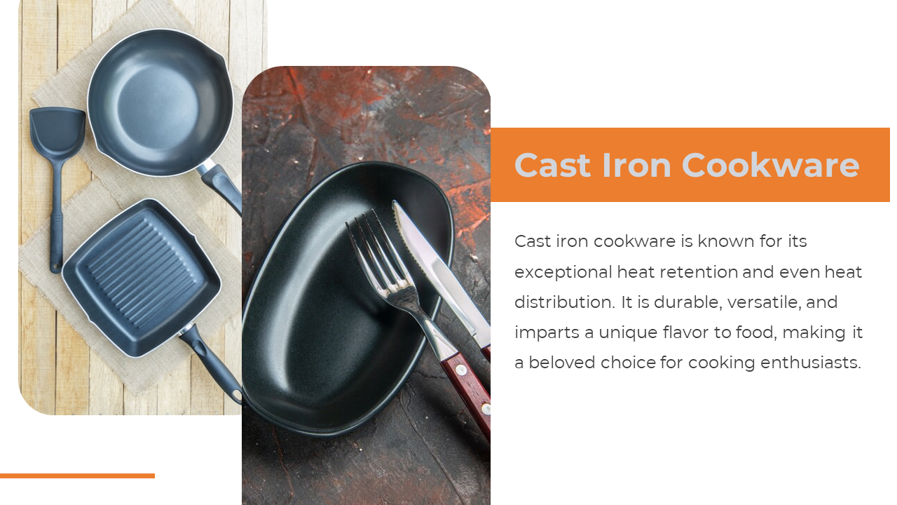 Cast iron cookware slide with text block, round-edged images of black pans on wood and black plate with fork and knife.