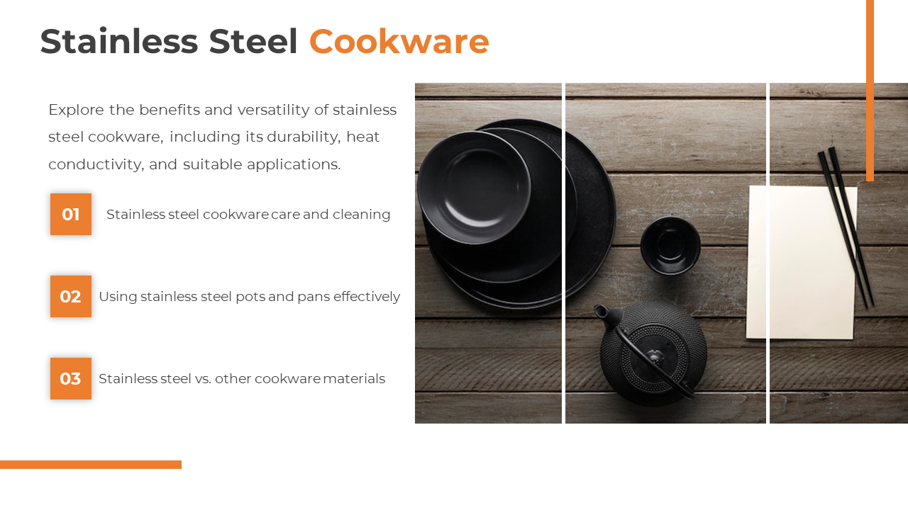 Stainless steel cookware visual with utensils, dark dishware, and numbered orange boxes outlining cookware tips on left.