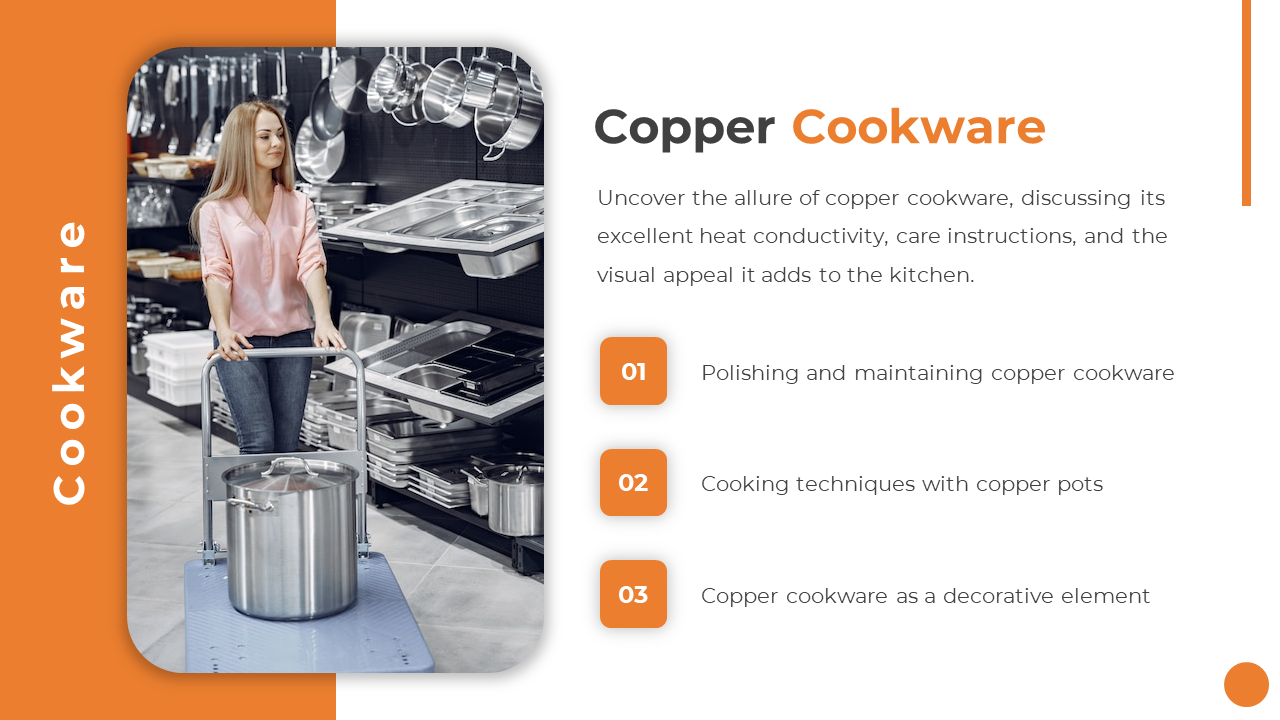 Copper cookware slide with woman pushing stockpot cart in store, text on care tips and numbered blocks on the right.