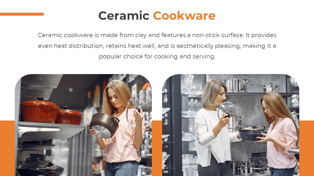 Split image of ceramic cookware shopping scenes below centered heading, with orange design elements at edges.