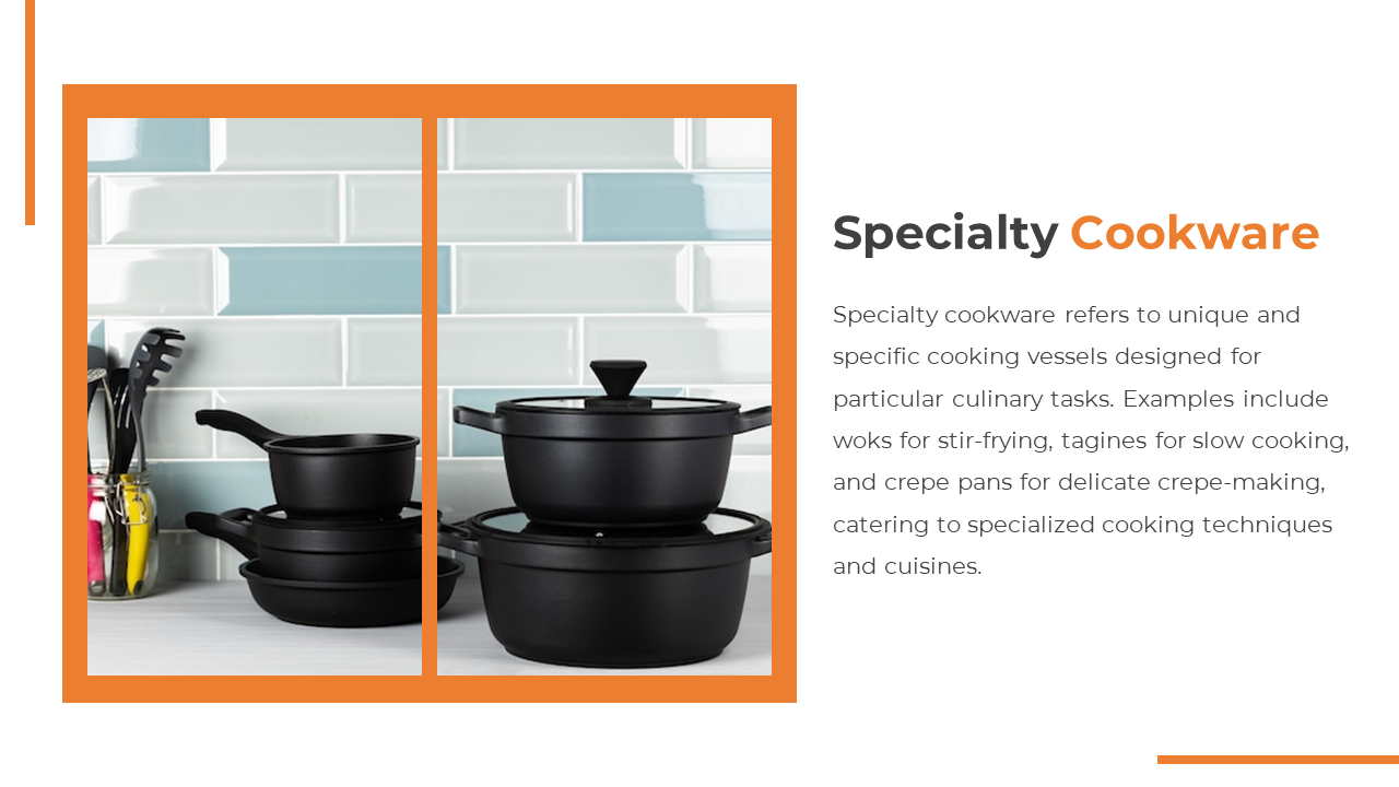 Specialty cookware slide with stacked black pots, utensils in jar, and orange-bordered image beside description text.