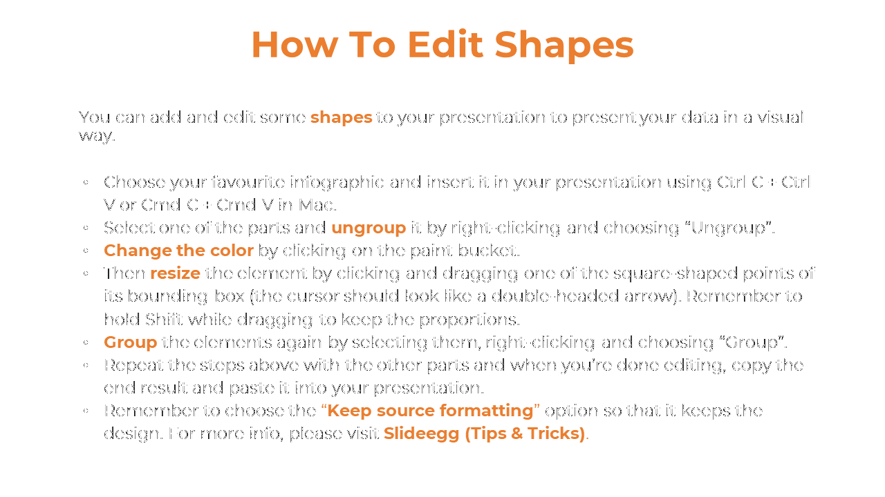 Editing shapes tutorial slide with bold orange title and instructions for ungrouping, resizing, and grouping shapes.