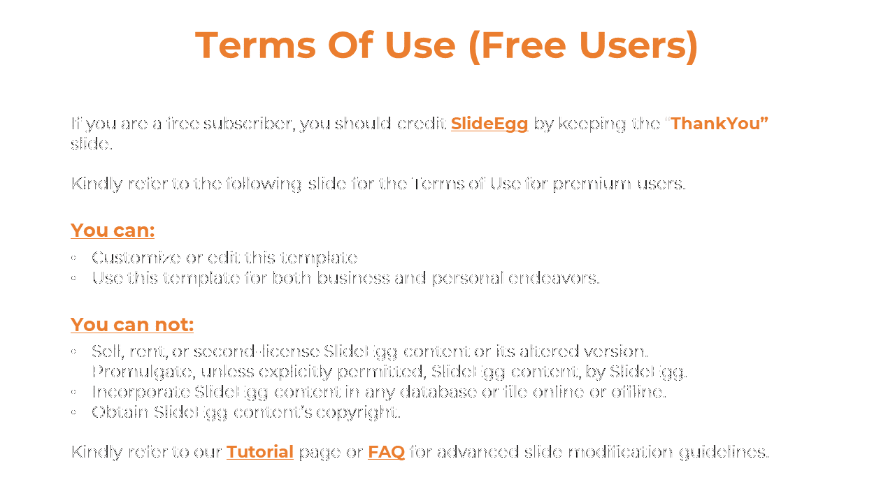 Terms of use slide for free users with permissions and restrictions in two bullet lists and bold orange section headings.