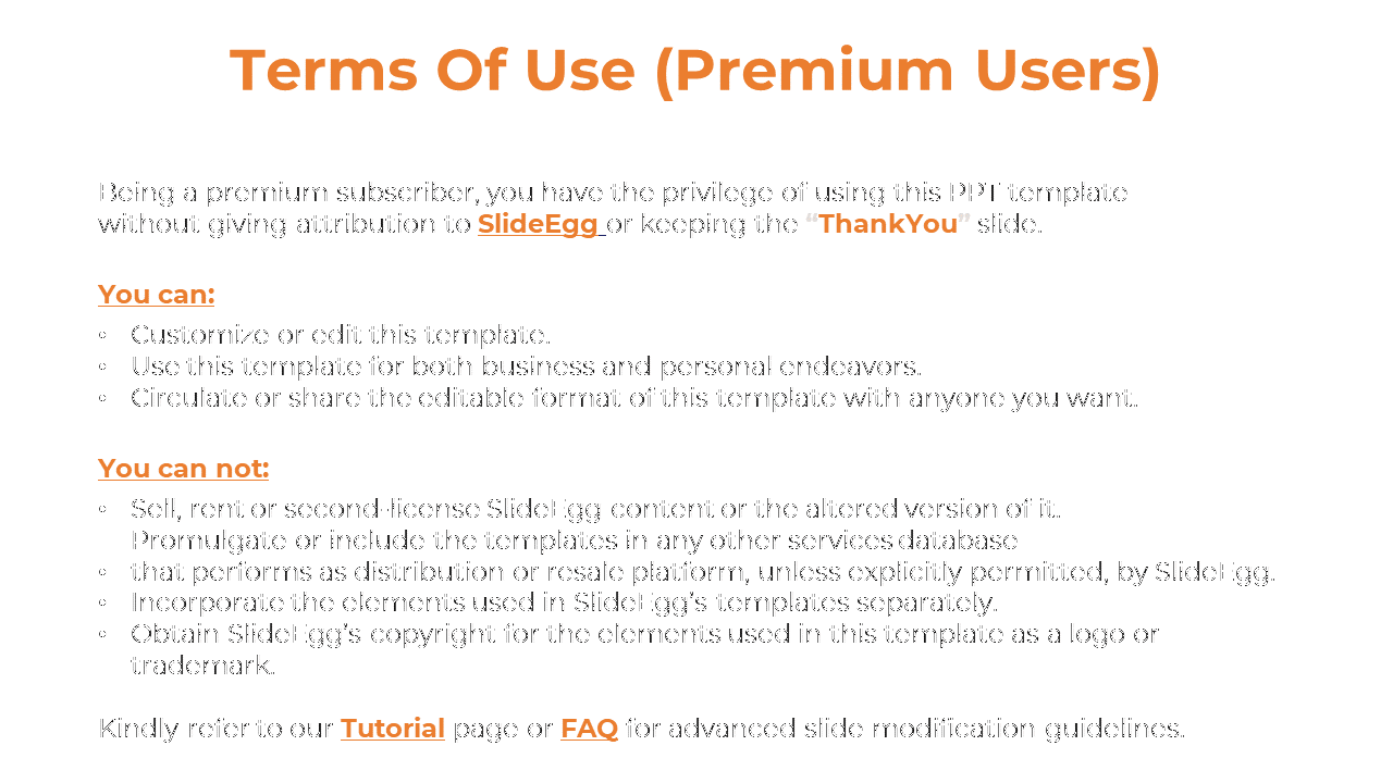 Premium terms slide explaining editable use, sharing rights, and content restrictions, with orange and bolded text.
