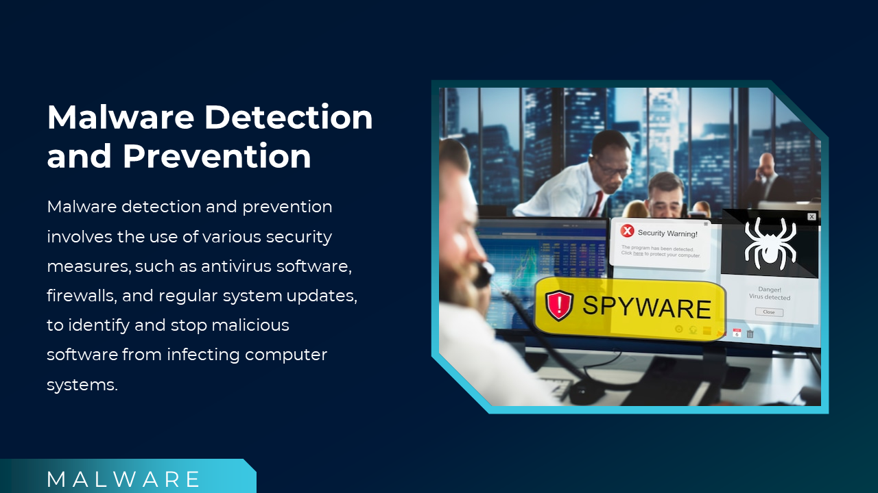 Employees monitoring computers with spyware and virus detection alerts displayed on screen, symbolizing threat prevention.