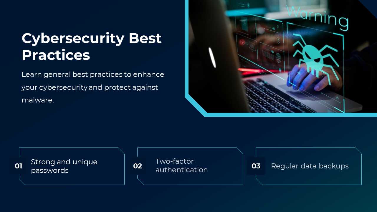 Holographic spider malware alert on laptop screen, user typing, with three cybersecurity best practices listed below.