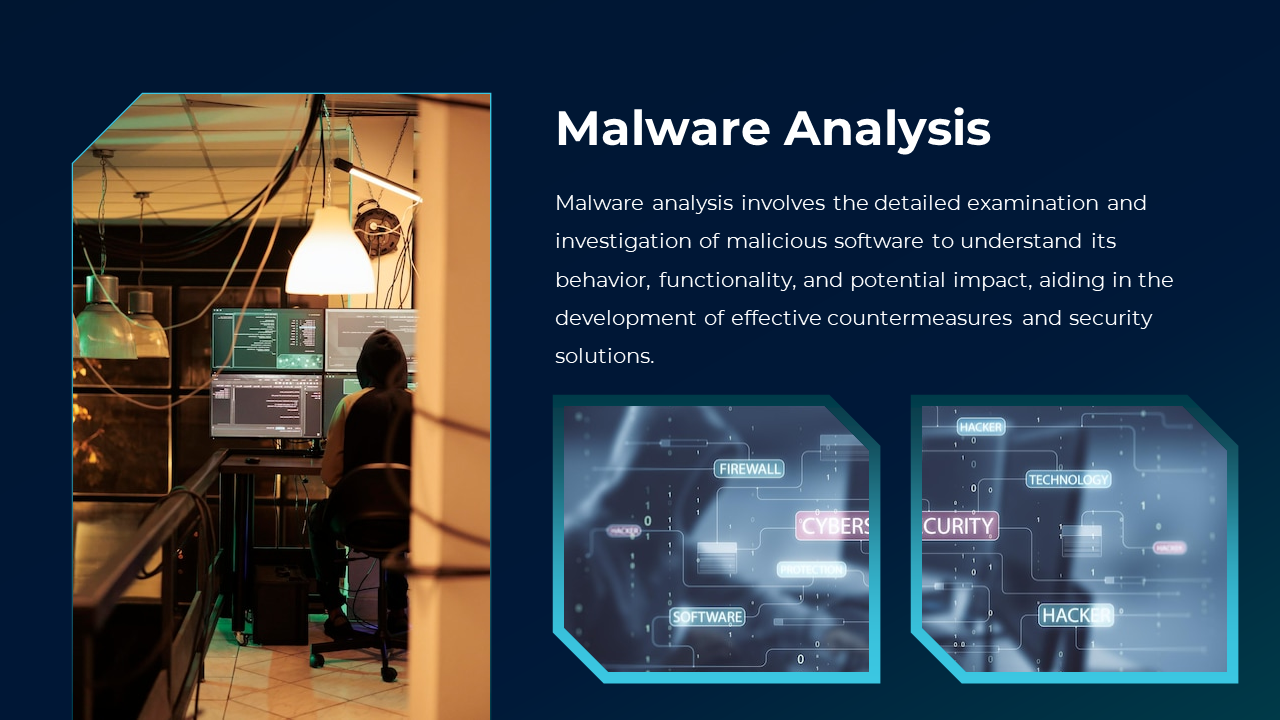 Person in hoodie analyzing malware on four monitors; adjacent panels show cybersecurity terms like firewall and hacker.