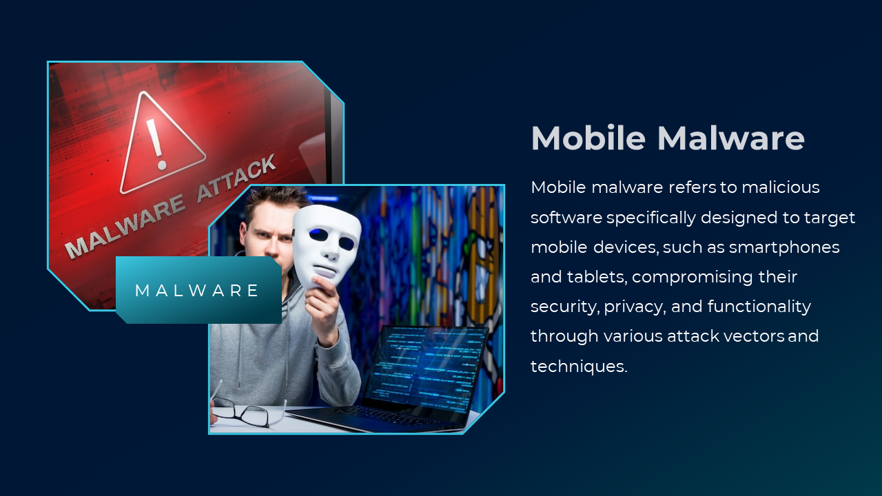 Masked figure near laptop and red malware alert symbolizing deceptive mobile malware targeting devices.
