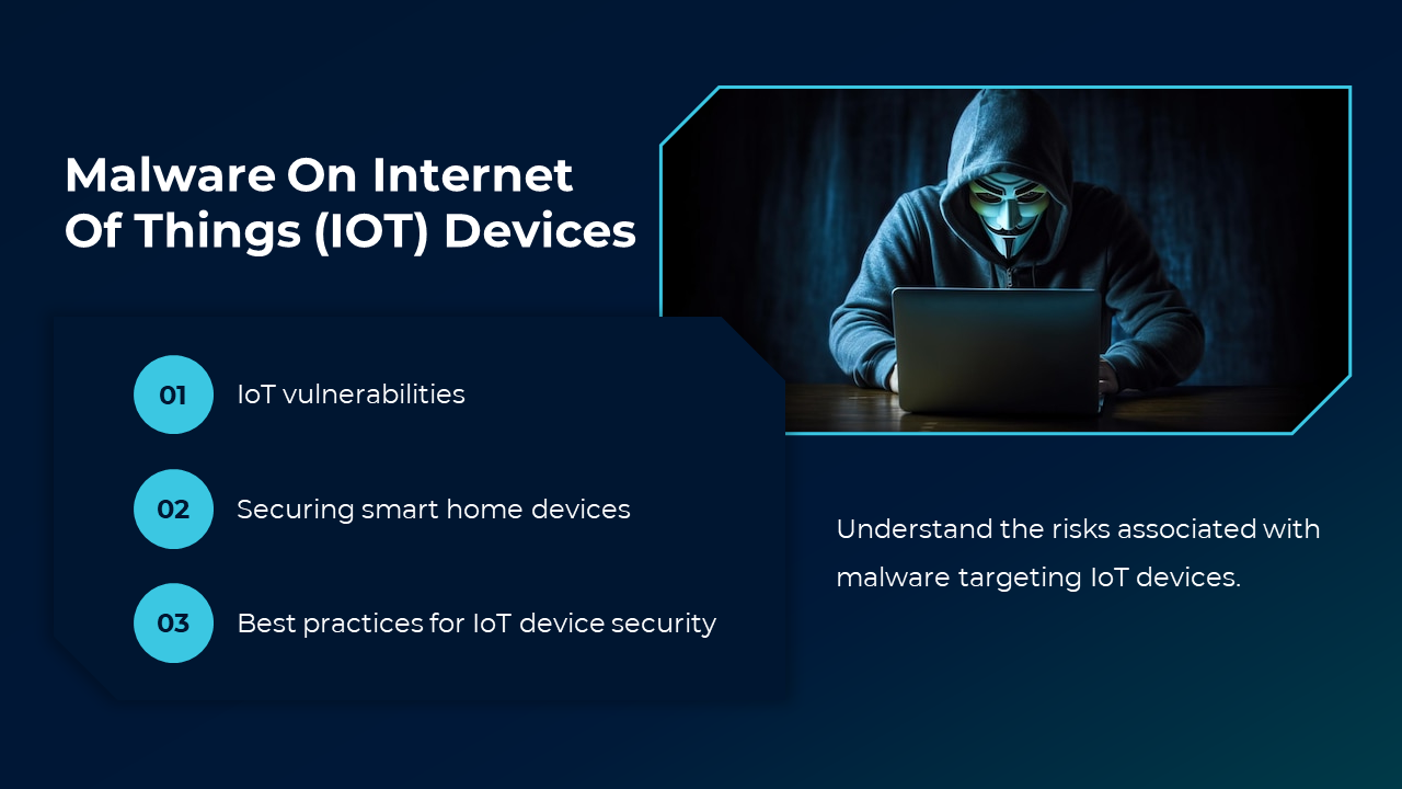 Hacker in hoodie with laptop beside points on IoT vulnerabilities, smart home security, and IoT best practices.
