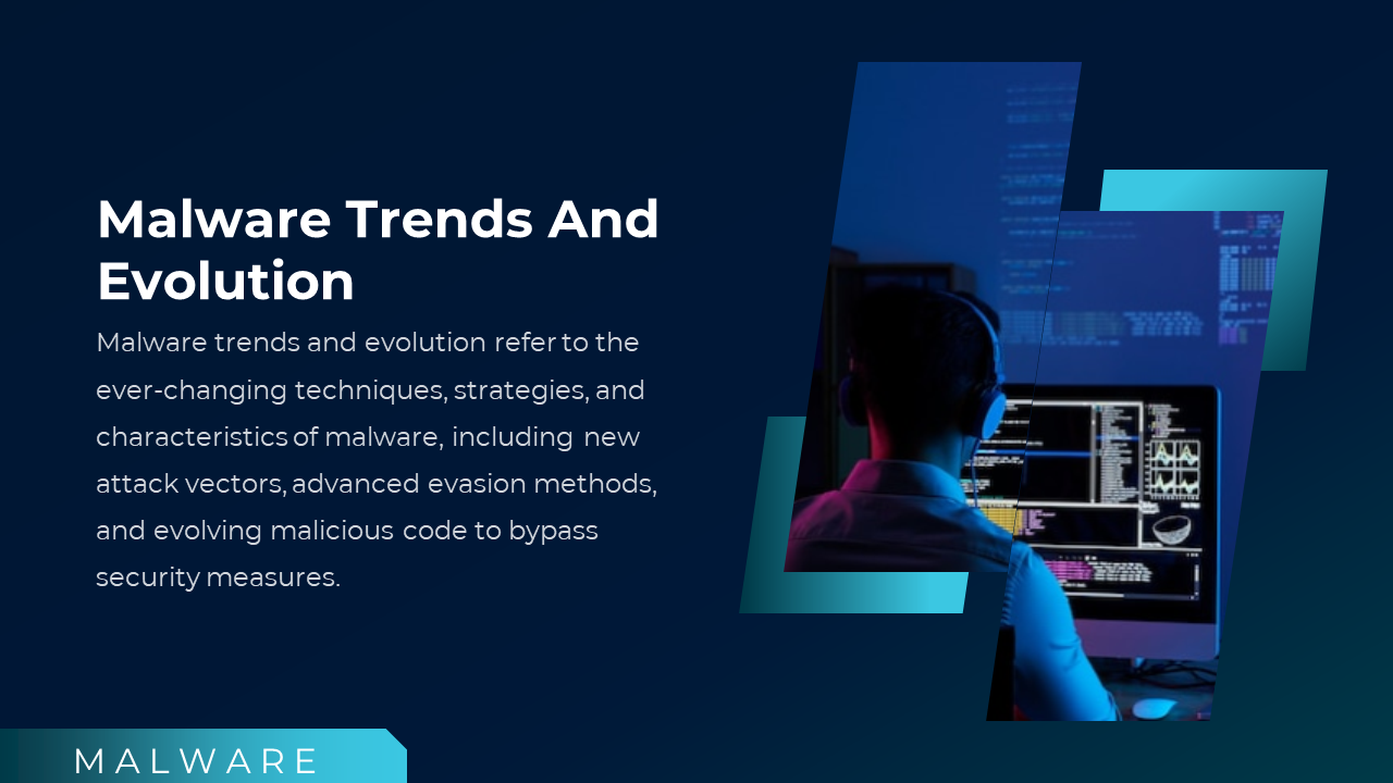 Individual at a workstation with code visuals, paired with content on the evolution of malware tactics and tools.