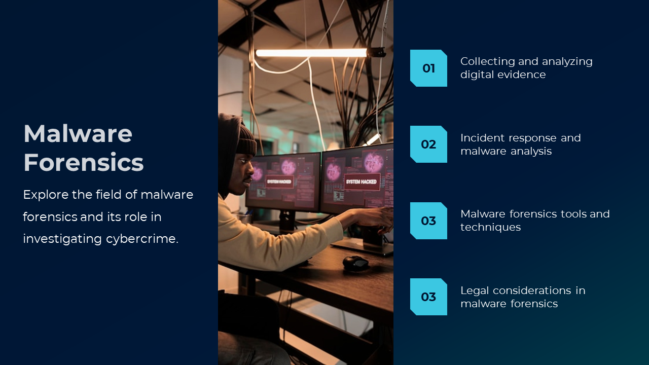 Digital forensics theme featuring expert analyzing compromised system, with key points on cybercrime investigation.