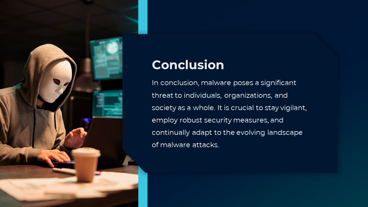 Masked figure in hoodie using a laptop at desk with coffee, beside a dark blue text box summarizing malware threats.