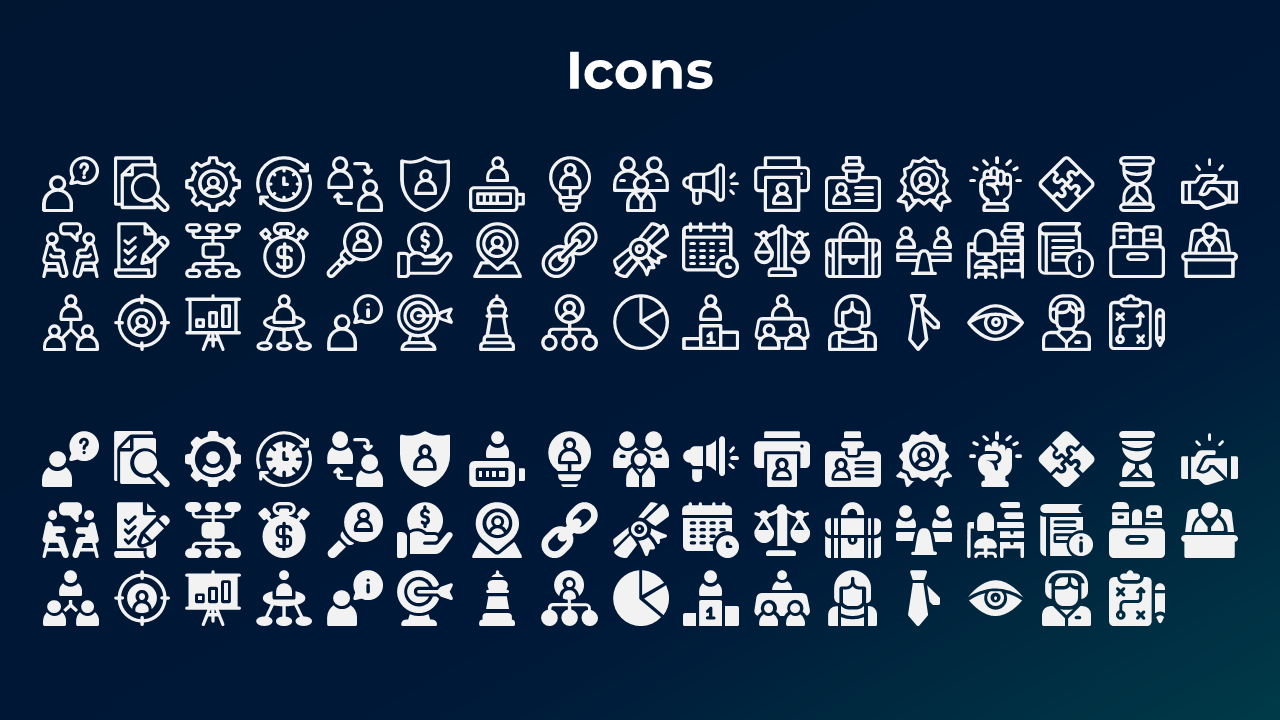Icon set featuring people, gears, charts, light bulbs, calendars, and briefcases in two styles: outline and solid fill.