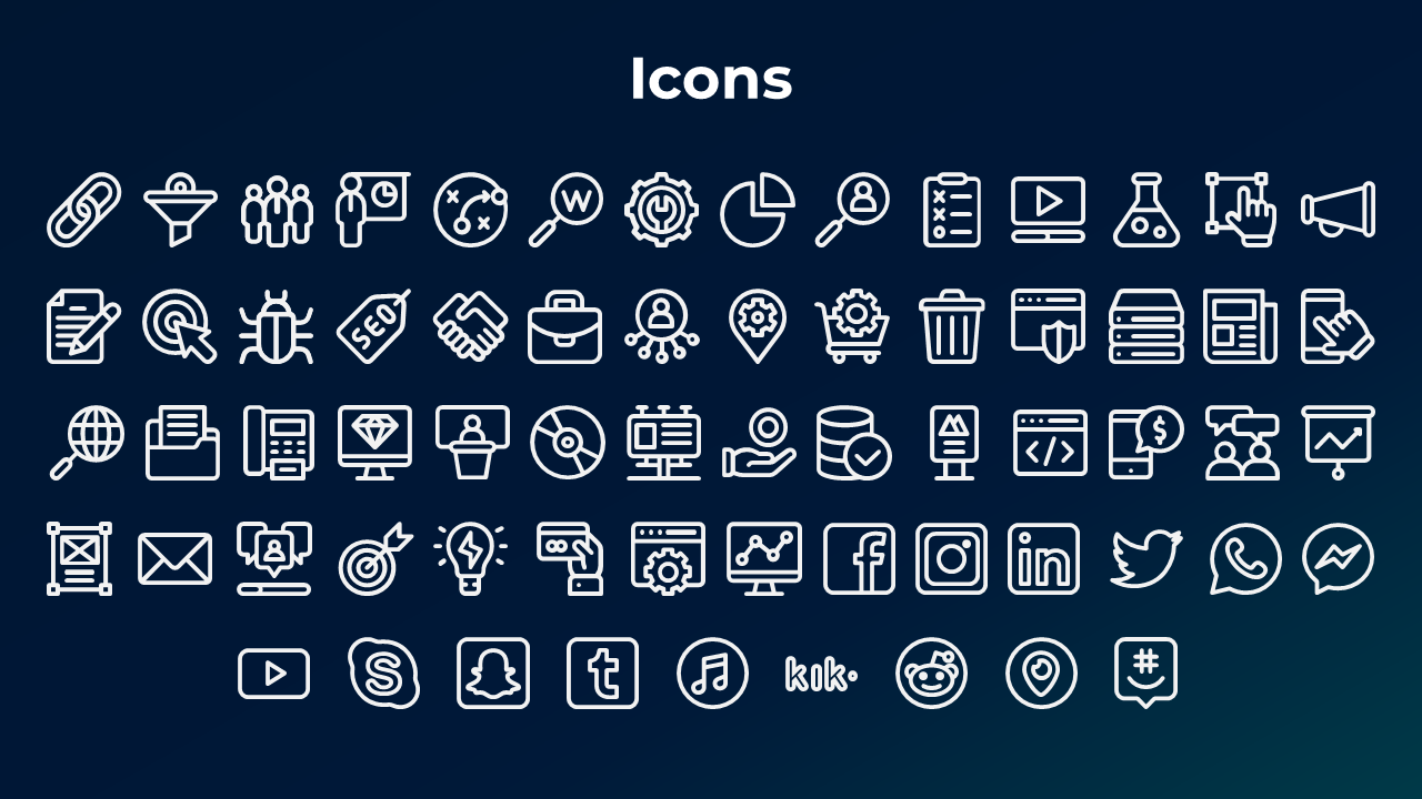 Dark slide featuring diverse white outline icons, including analysis, networking, media, and coding tools.