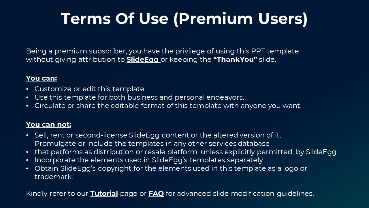 Terms of use slide for premium users listing rights and restrictions in bullet format on a dark background.