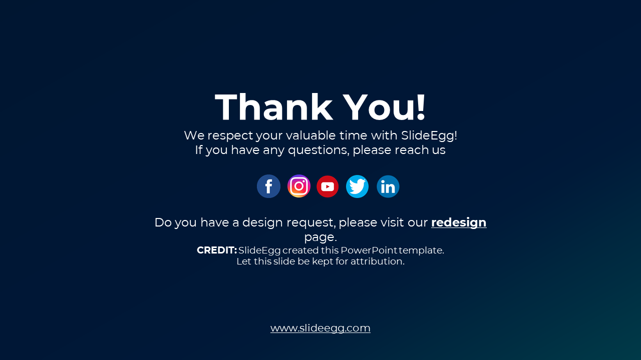 Thank you slide with bold heading, social media icons, and attribution text on a dark gradient background.