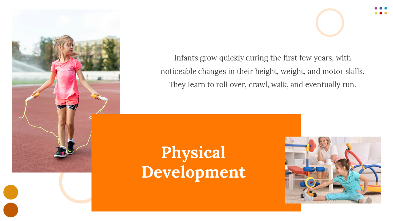 Skipping girl on track and flexible child indoors, highlighting physical growth beside bold orange heading.