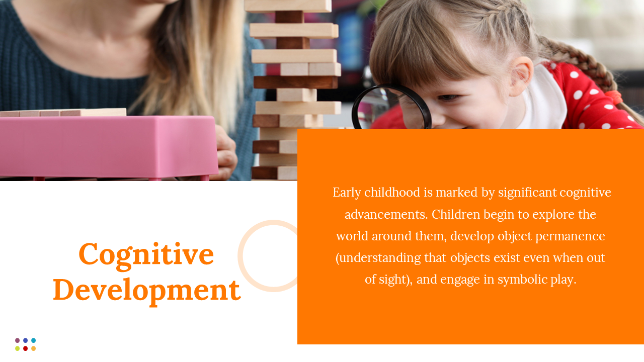 Girl examining Jenga tower with magnifier, next to orange text box on cognitive development and white background.