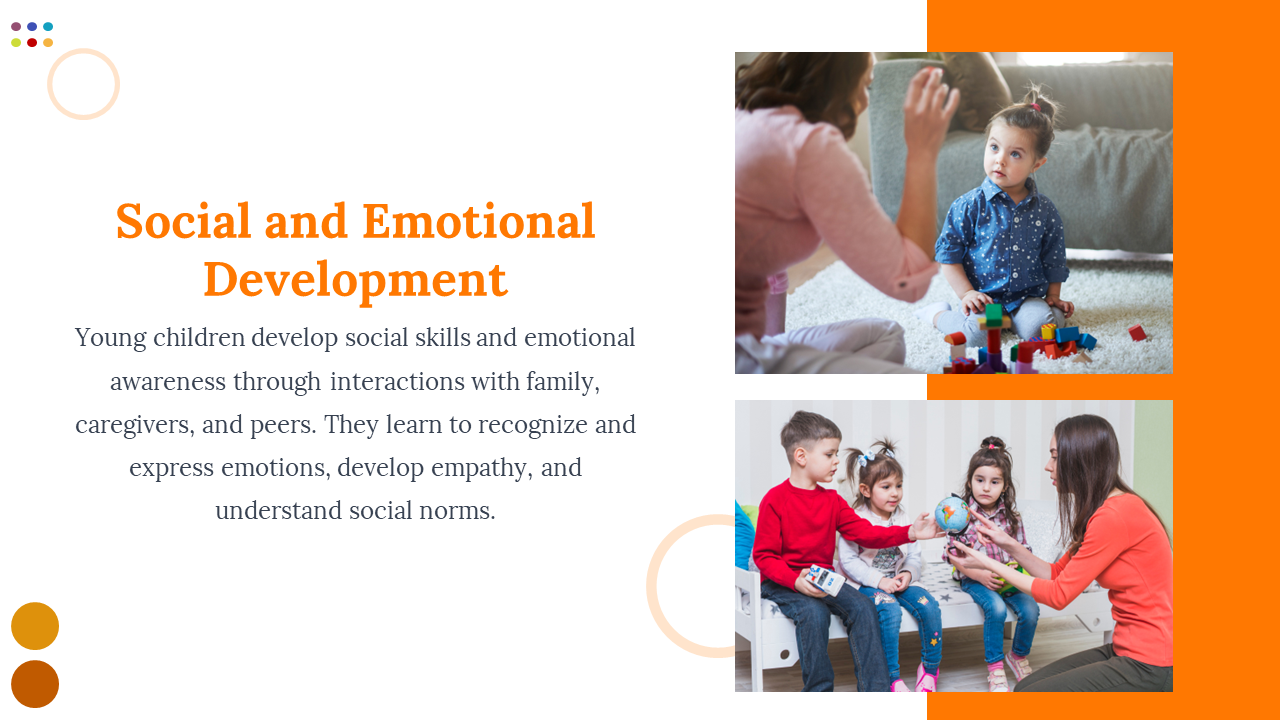 Toddler in play dialogue and kids on couch learning from teacher, next to bold heading on social emotional growth.