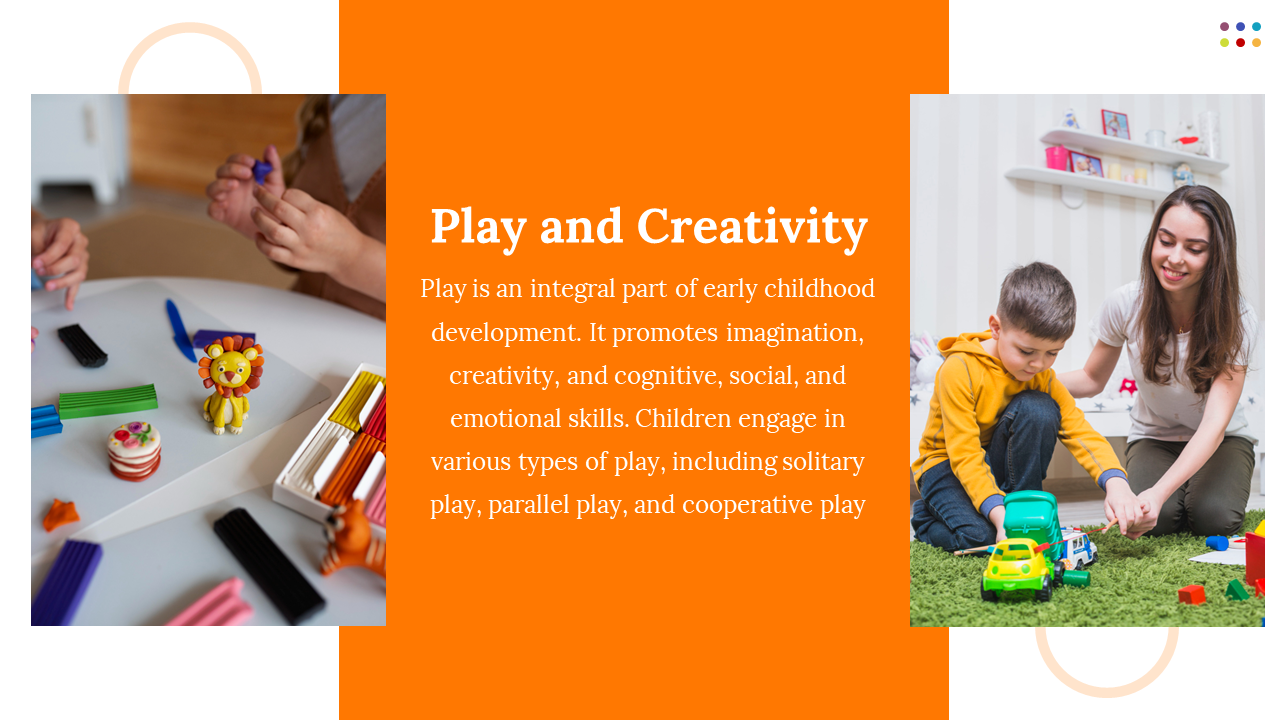 Hands sculpting clay animals and child with woman playing trucks, next to orange text block on play in childhood.